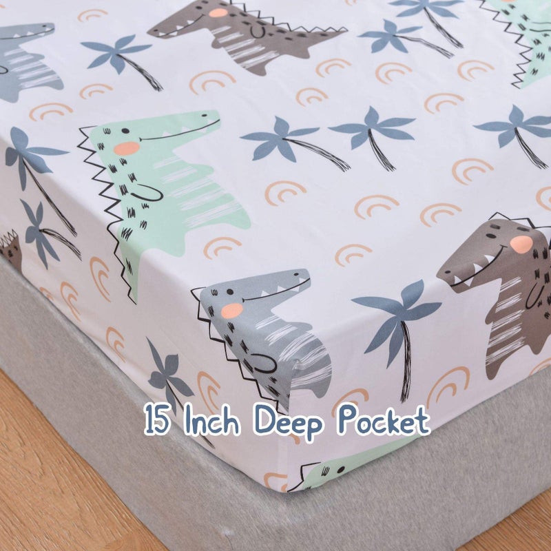 JSD مجموعة ملاءات أطفال ديناصور JSD بحجم توين، 3 قطع مطبوعة بأشجار النخيل من الألياف الدقيقة، جيب عميق - Image 3